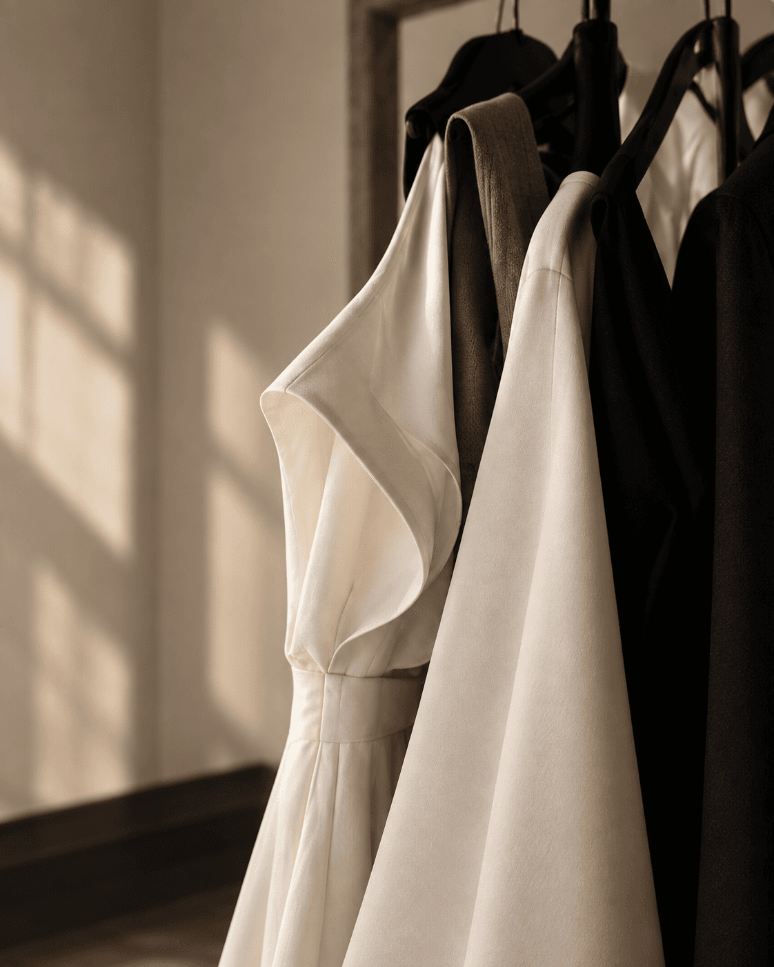 Cream, tan and black dresses hanging on a rail, lit by low sunlight
